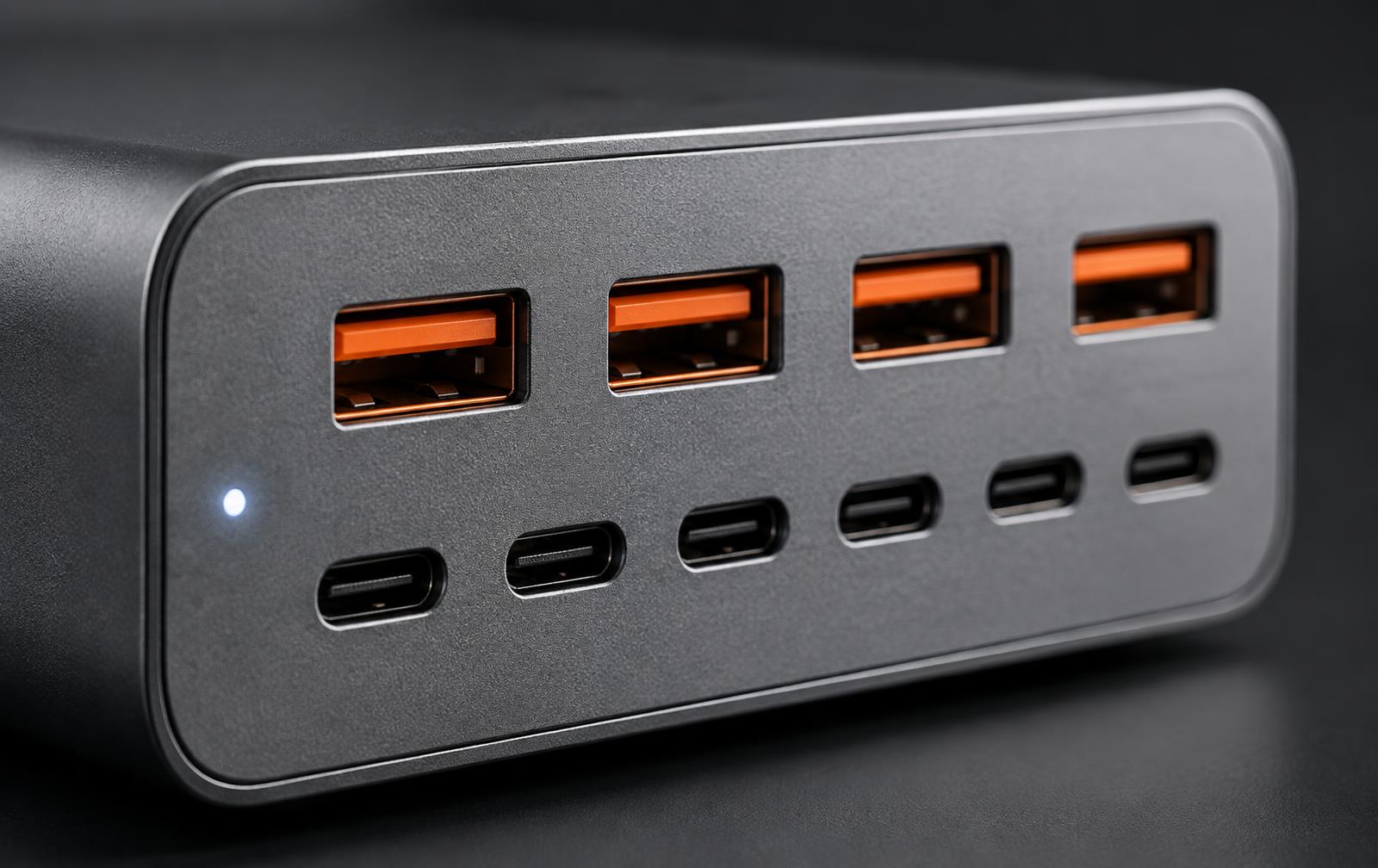 Close-up of the USB-C and USB-A ports on the charging station